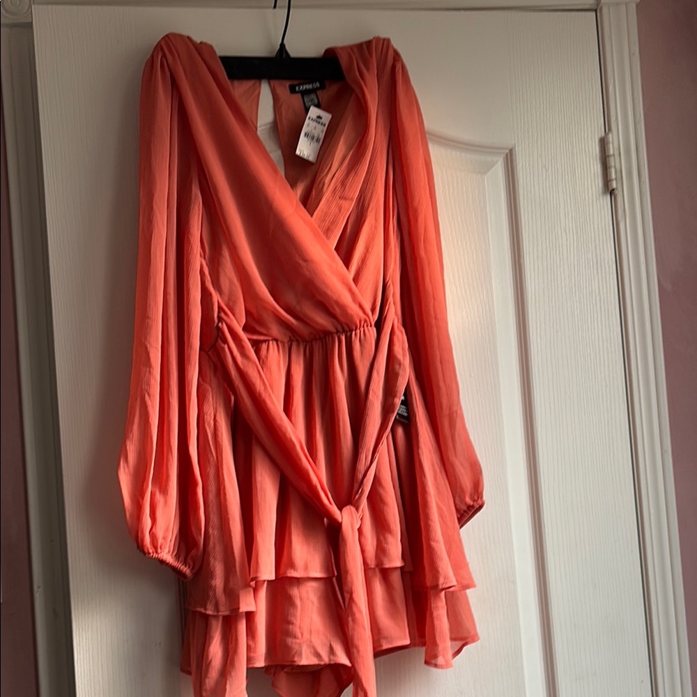 Coral Wrap Dress with  sheer Sleeves